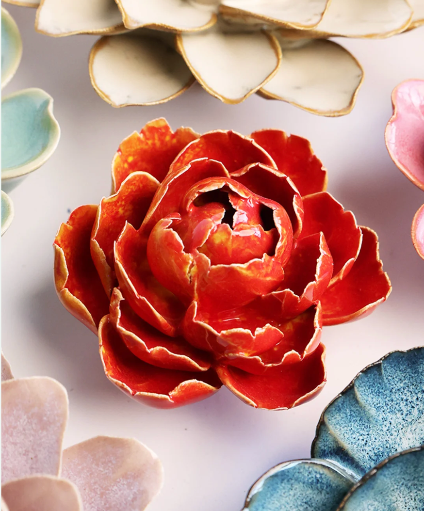 Orange Yellow Gay Paree Peony Ceramic Flower